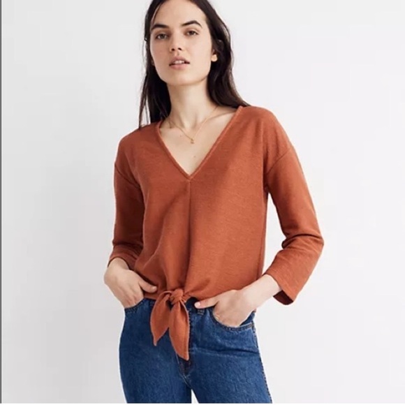 Madewell Texture & Thread Brown Tan Orange Ribbed Tie Front Blouse Casual Medium - Picture 1 of 5